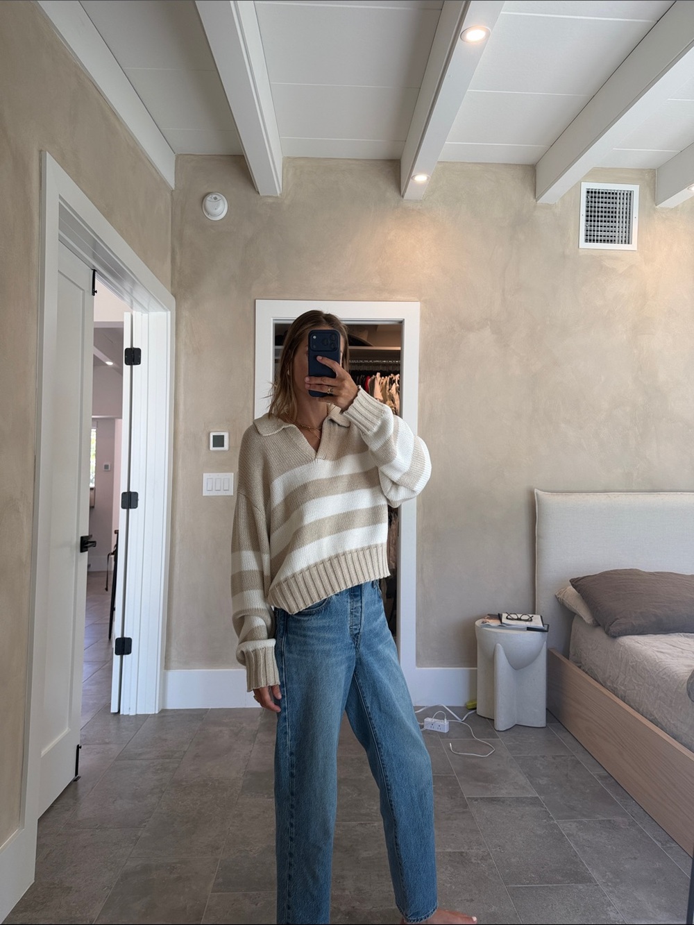 Quince Striped V-Neck Knit Sweater in Cream and White - Picture 2 of 4